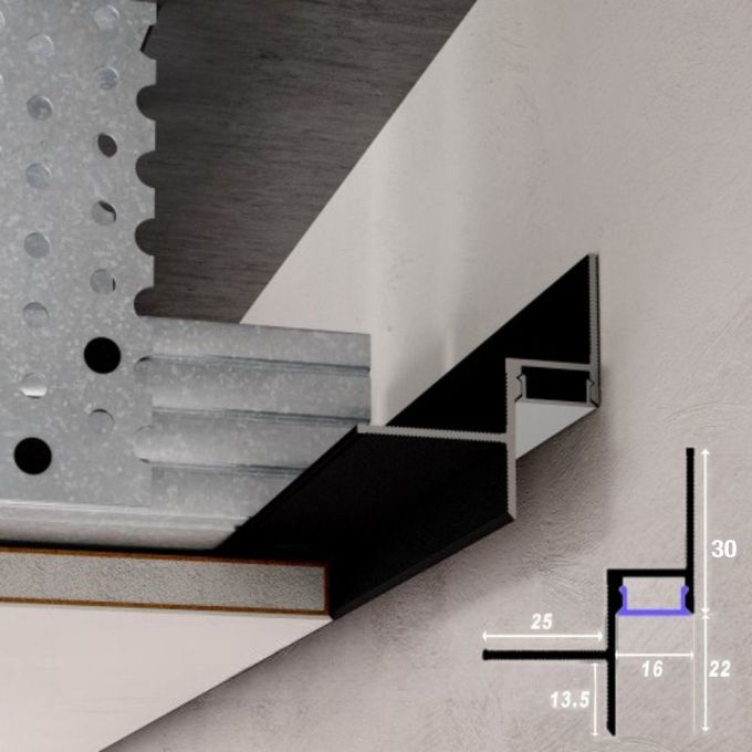 Perfil separador de sombra LED con difusor para techos de cartón yeso 16x22 mm negro