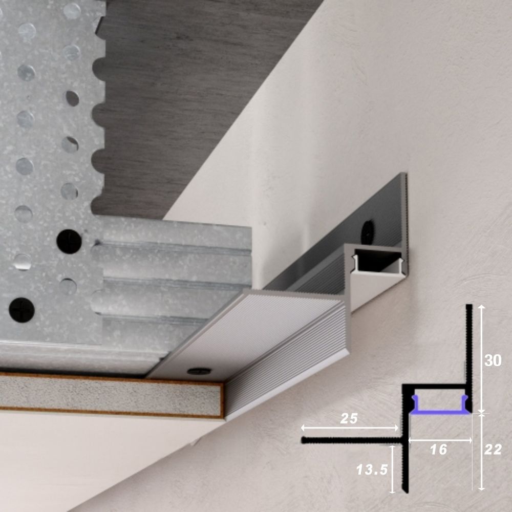 Perfil separador de sombra LED con difusor para techos de cartón yeso 16x22 mm