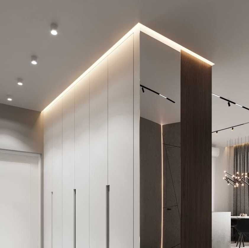 Perfil separador de sombra LED con difusor para techos de cartón yeso 40x50 mm blanco