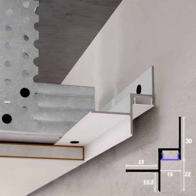 Perfil separador de sombra LED con difusor para techos de cartón yeso 16x22 mm blanco
